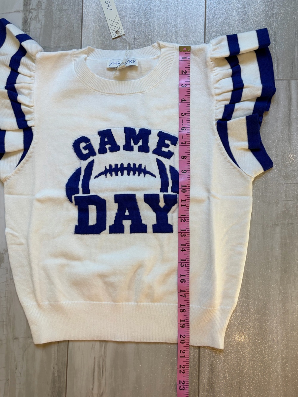 NWT She+Sky Flutter Sleeve Cream & Blue Game Day Football Soft Sweater Small - Picture 8 of 8